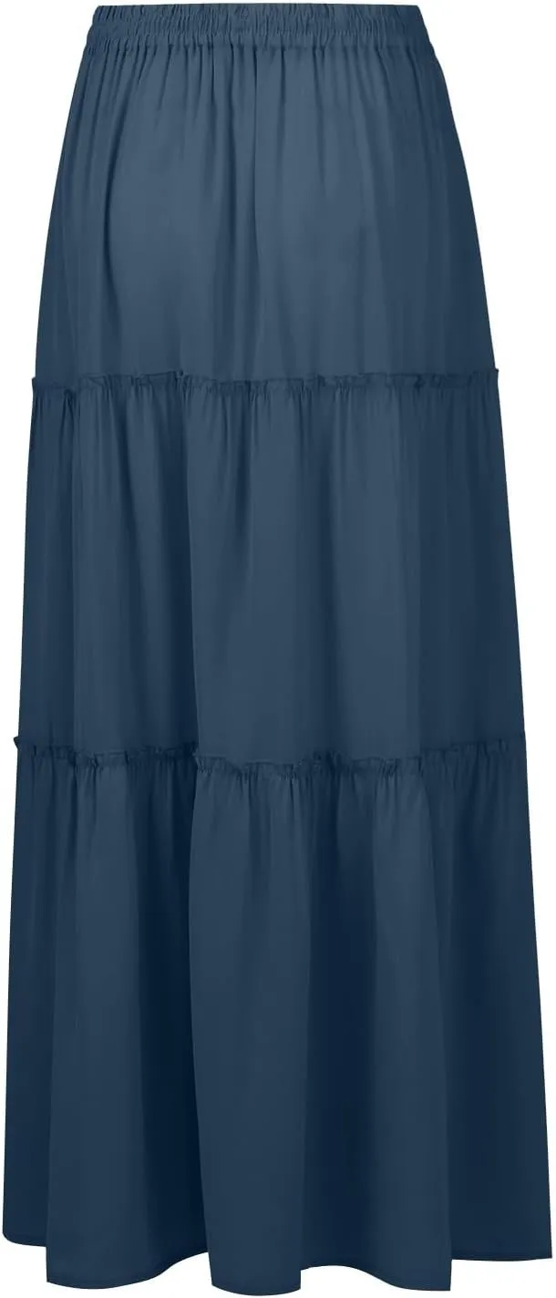 Boho Maxi Skirts for Women Summer Tiered Elastic Casual Skirt Smocked A Line Skirts Work Long Skirt Y2K with Pockets