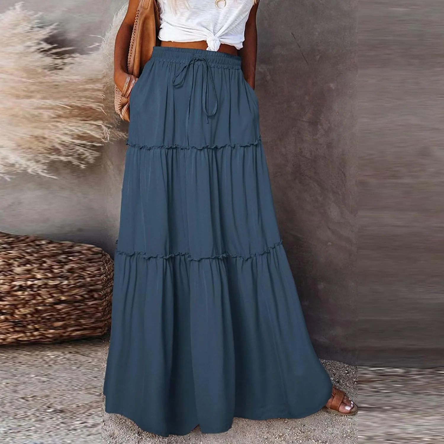 Boho Maxi Skirts for Women Summer Tiered Elastic Casual Skirt Smocked A Line Skirts Work Long Skirt Y2K with Pockets