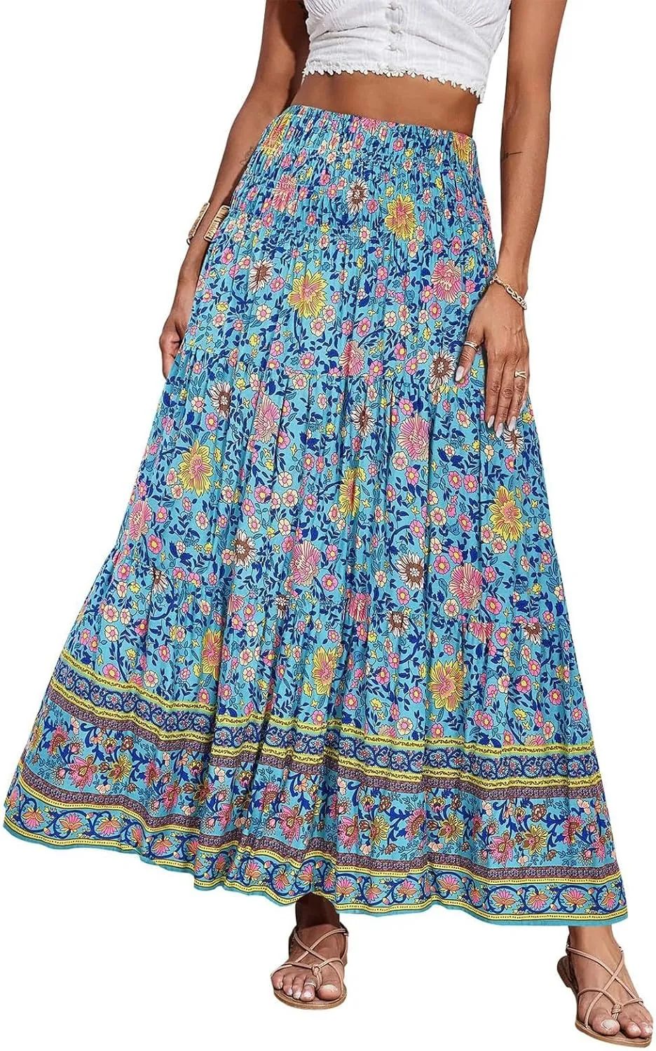 Boho Maxi Skirts for Women,2025 Summer Flowy High Waist A Line Vacation Skirt Elegant Pleated Floral Beach Skirts
