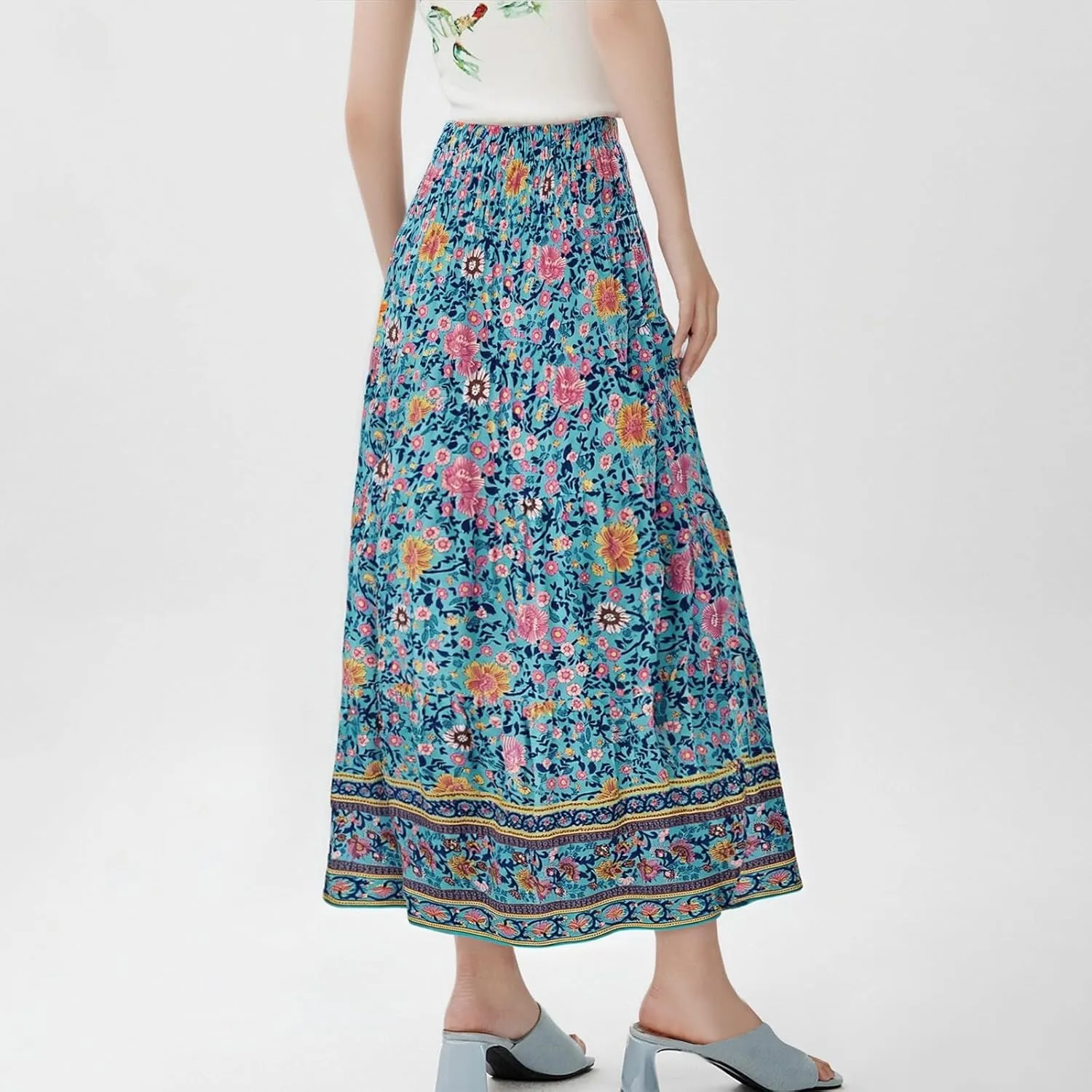 Boho Maxi Skirts for Women,2025 Summer Flowy High Waist A Line Vacation Skirt Elegant Pleated Floral Beach Skirts
