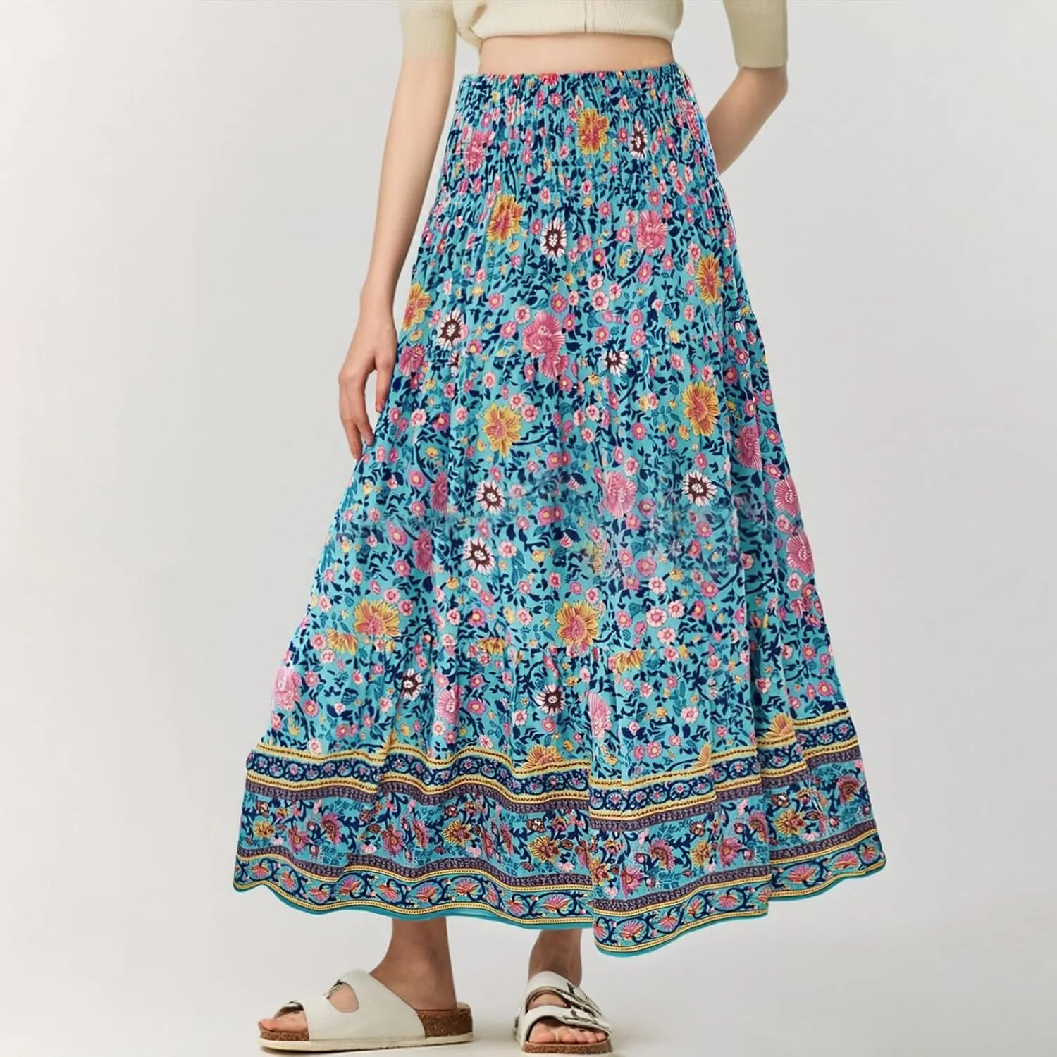 Boho Maxi Skirts for Women,2025 Summer Flowy High Waist A Line Vacation Skirt Elegant Pleated Floral Beach Skirts
