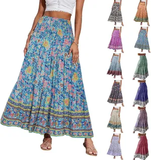 Boho Maxi Skirts for Women,2025 Summer Flowy High Waist A Line Vacation Skirt Elegant Pleated Floral Beach Skirts