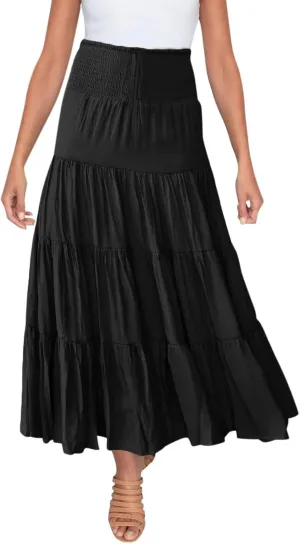 Boho Skirt Women Elastic High Waist Midi Skirt Flowy A Line Long Skirts Ruffle Swing Beach Maxi Pleated Skirts