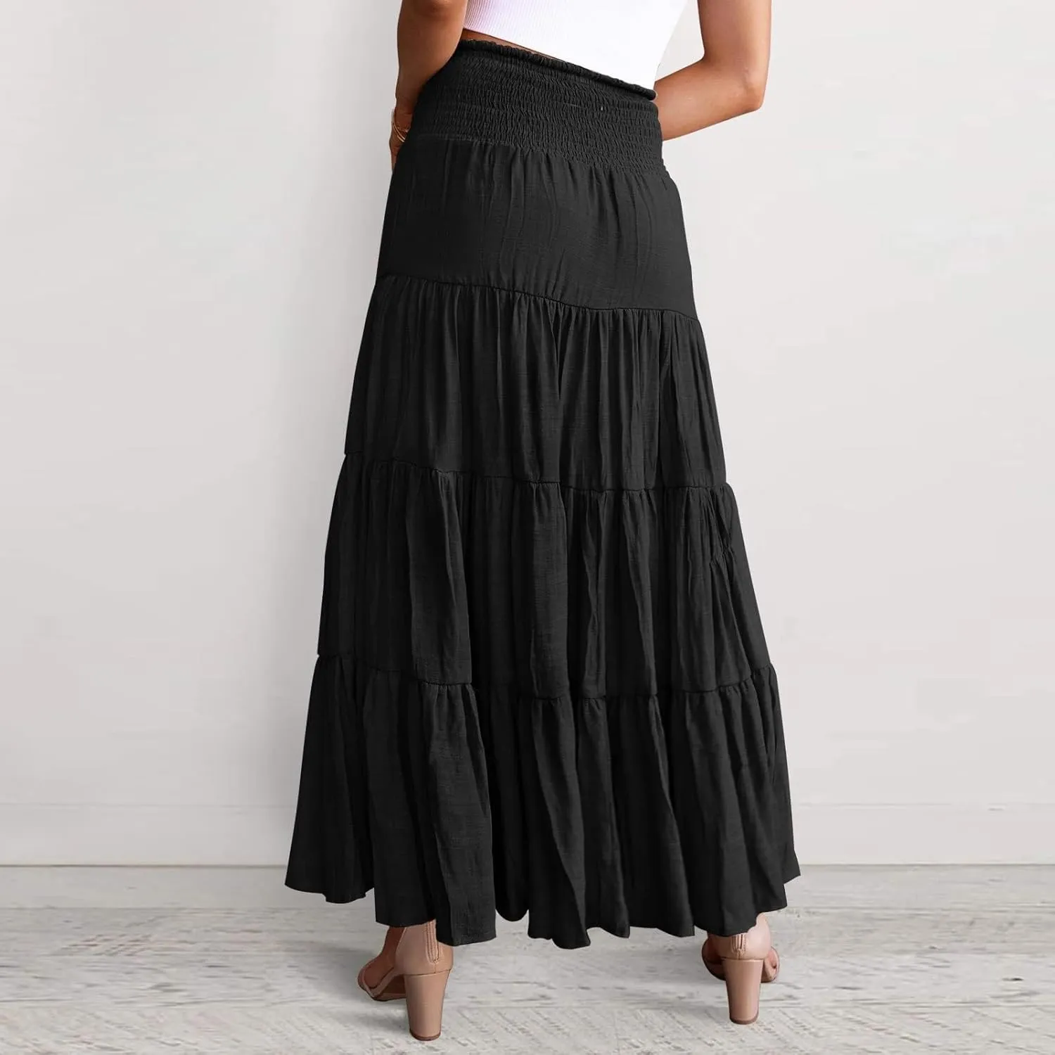 Boho Skirt Women Elastic High Waist Midi Skirt Flowy A Line Long Skirts Ruffle Swing Beach Maxi Pleated Skirts