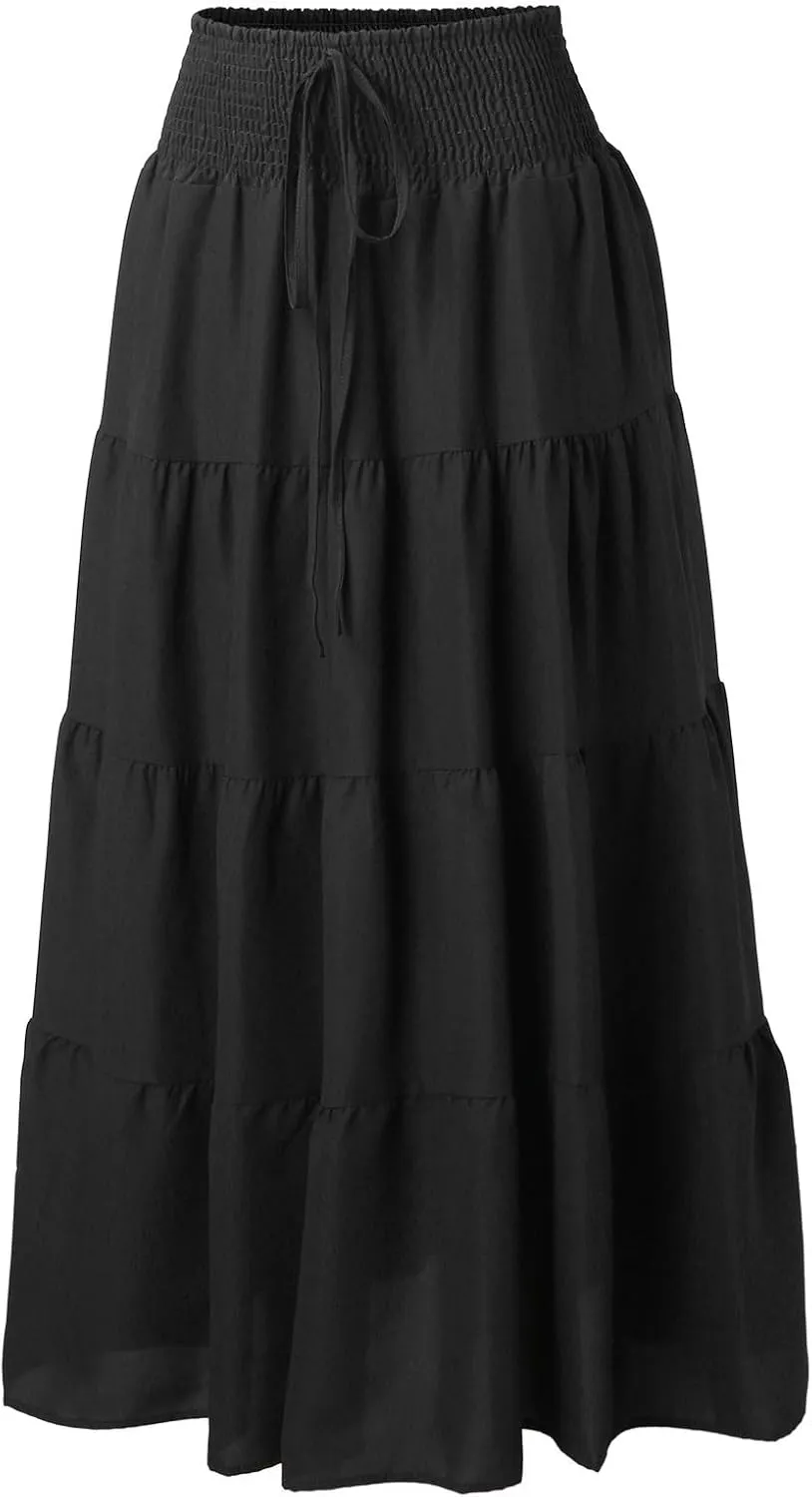 Boho Skirt Women Elastic High Waist Midi Skirt Flowy A Line Long Skirts Ruffle Swing Beach Maxi Pleated Skirts