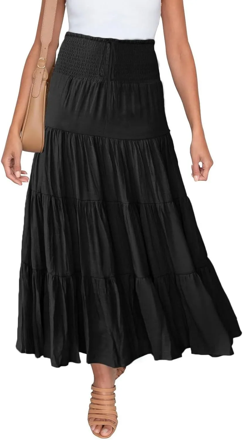 Boho Skirt Women Elastic High Waist Midi Skirt Flowy A Line Long Skirts Ruffle Swing Beach Maxi Pleated Skirts
