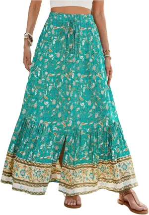 Boho Skirts for Women 2025 Vintage Floral Print Maxi Skirt Elastic High Waist Pleated Flowy Ruffle Beach Dresses