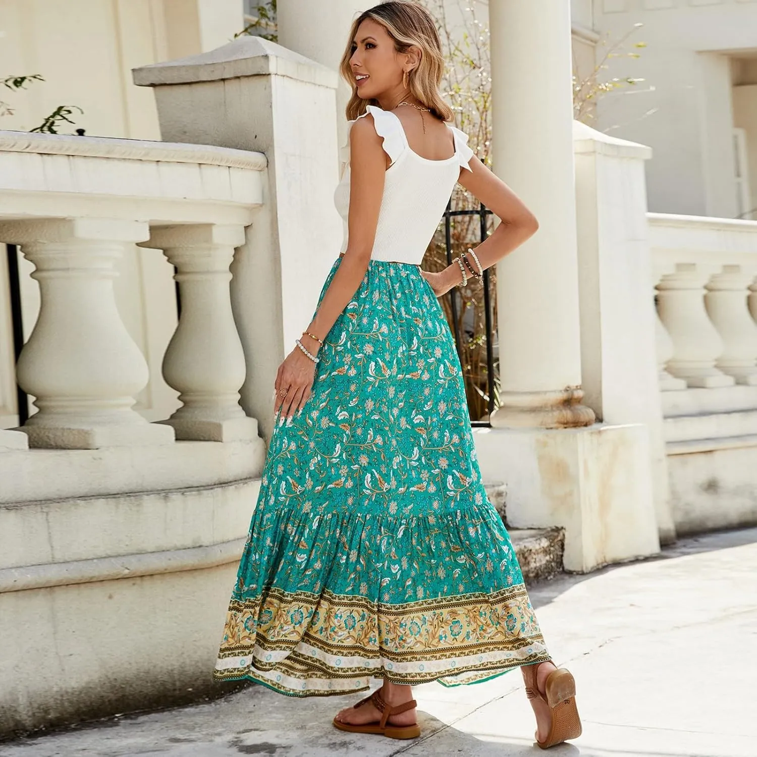 Boho Skirts for Women 2025 Vintage Floral Print Maxi Skirt Elastic High Waist Pleated Flowy Ruffle Beach Dresses