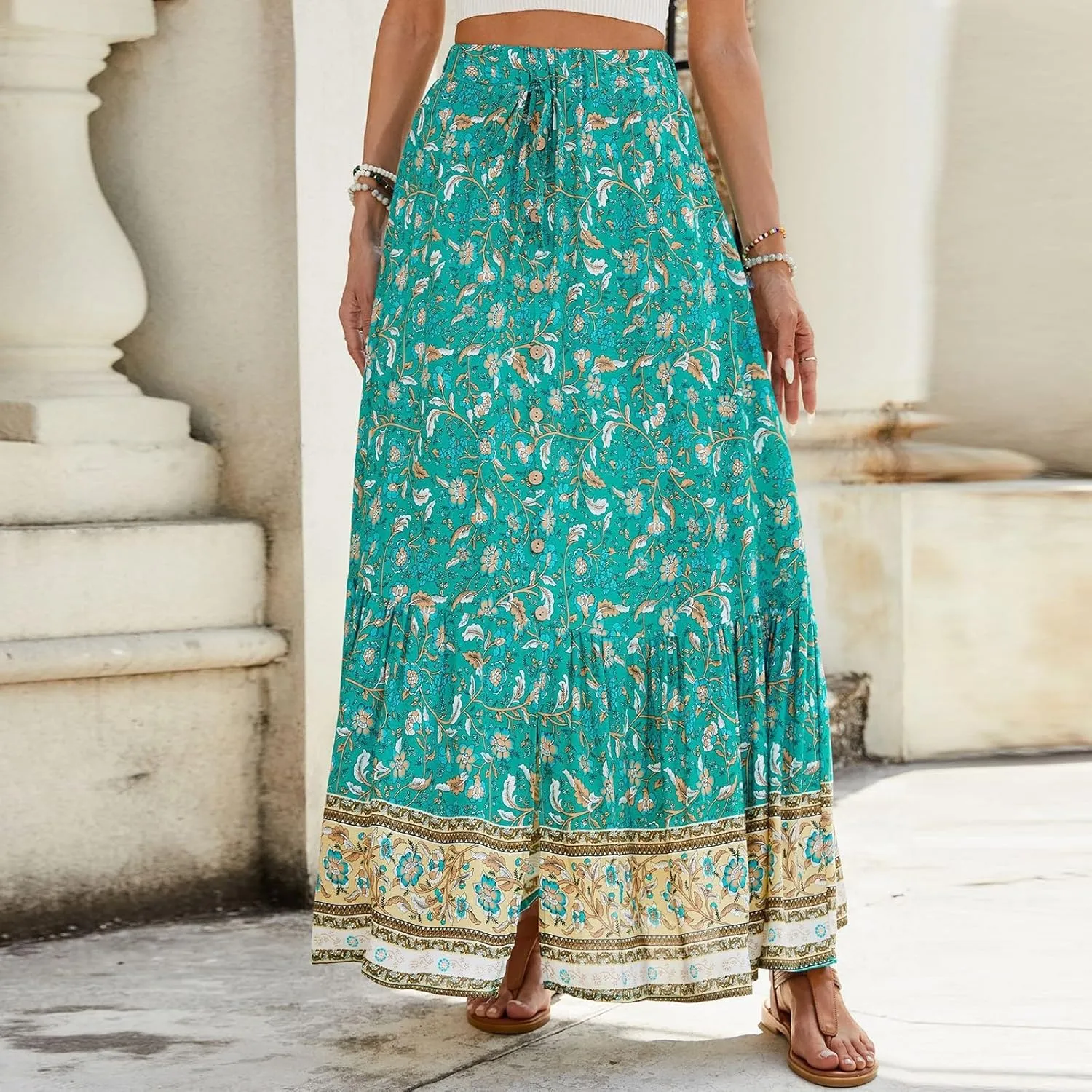 Boho Skirts for Women 2025 Vintage Floral Print Maxi Skirt Elastic High Waist Pleated Flowy Ruffle Beach Dresses