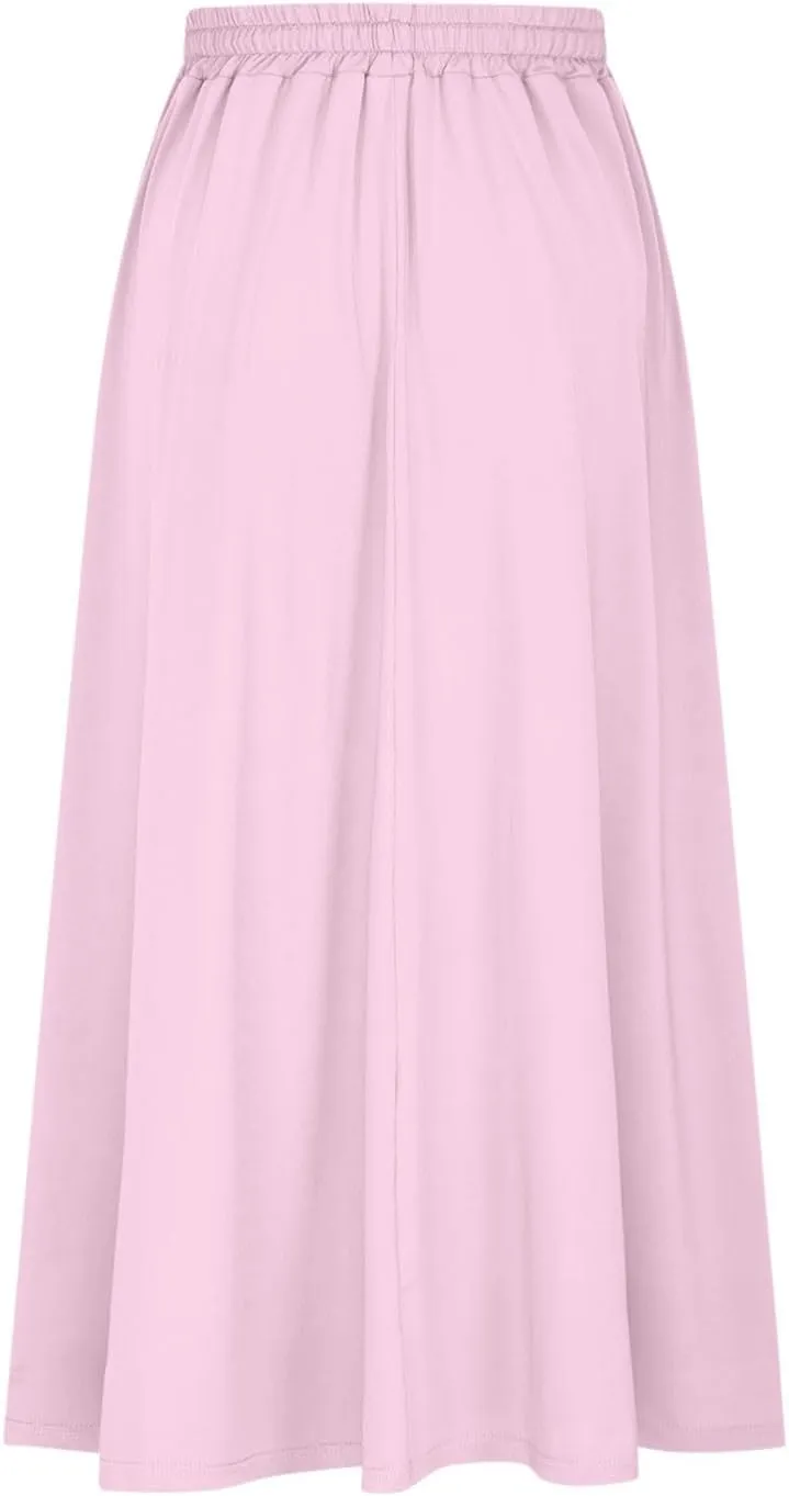 Boho Skirts for Women Casual Smocked Elastic High Waist Tie Long Maxi Skirt Summer Comfy Flowy Dress with Pockets