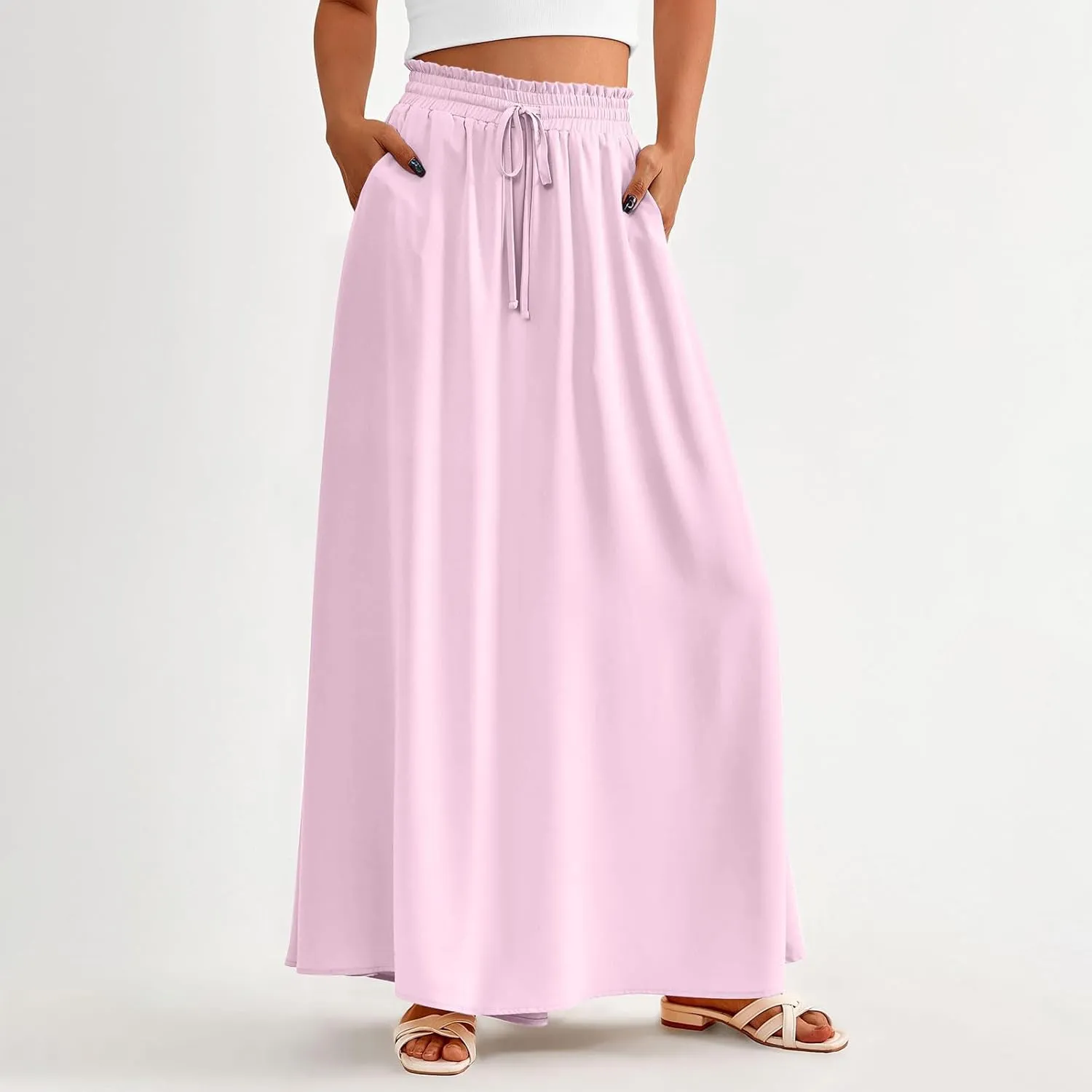 Boho Skirts for Women Casual Smocked Elastic High Waist Tie Long Maxi Skirt Summer Comfy Flowy Dress with Pockets