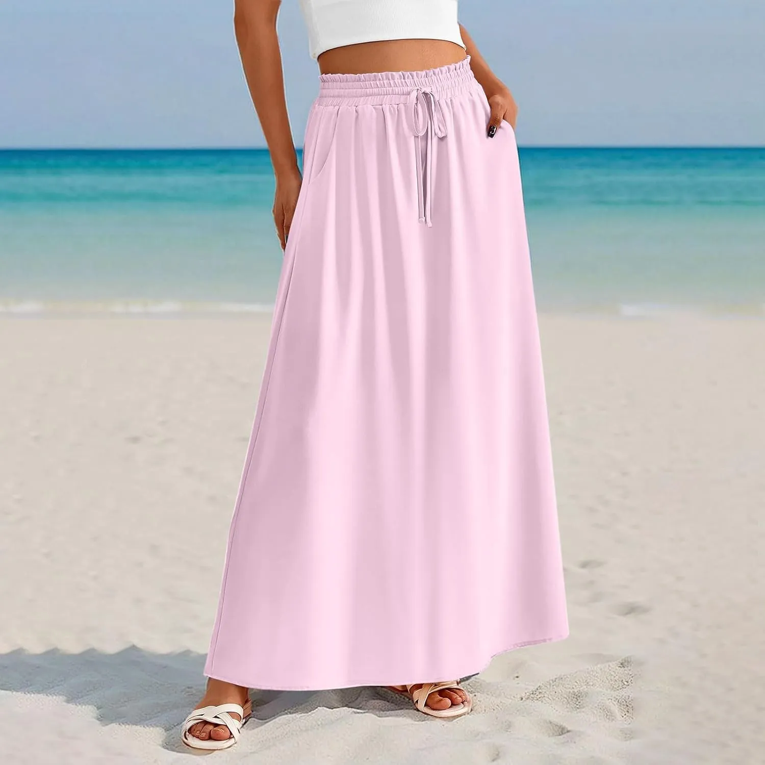 Boho Skirts for Women Casual Smocked Elastic High Waist Tie Long Maxi Skirt Summer Comfy Flowy Dress with Pockets