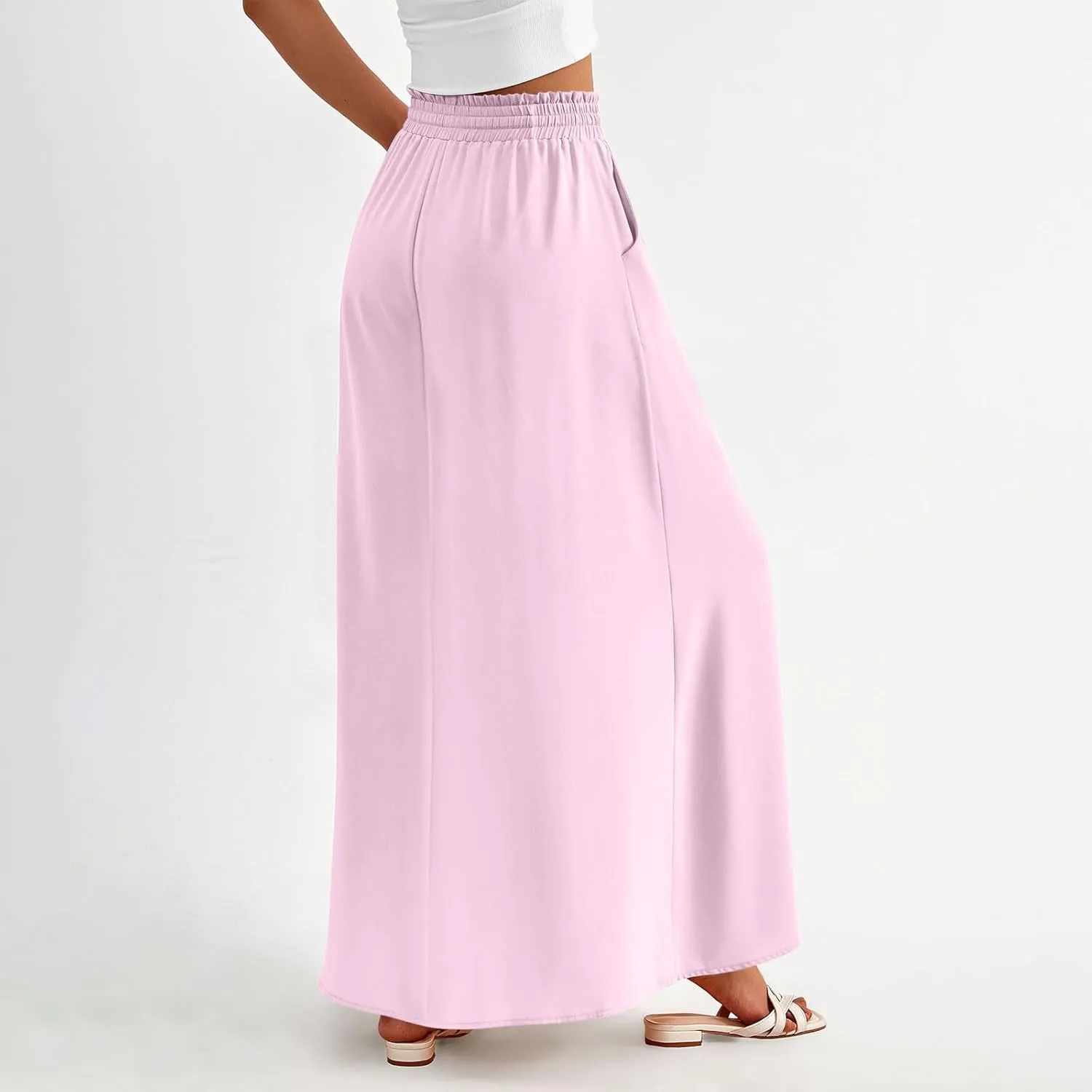Boho Skirts for Women Casual Smocked Elastic High Waist Tie Long Maxi Skirt Summer Comfy Flowy Dress with Pockets