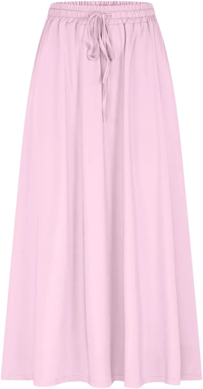 Boho Skirts for Women Casual Smocked Elastic High Waist Tie Long Maxi Skirt Summer Comfy Flowy Dress with Pockets