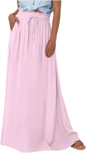 Boho Skirts for Women Casual Smocked Elastic High Waist Tie Long Maxi Skirt Summer Comfy Flowy Dress with Pockets