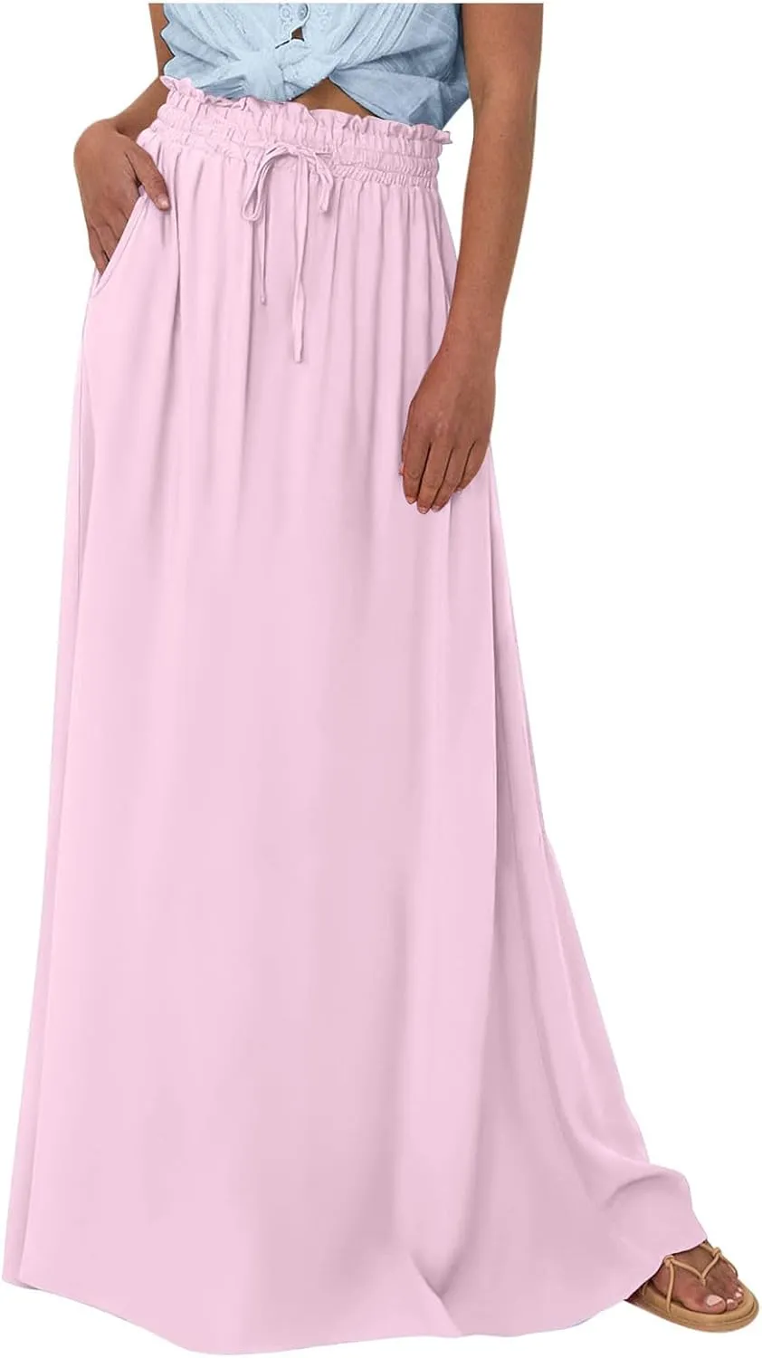 Boho Skirts for Women Casual Smocked Elastic High Waist Tie Long Maxi Skirt Summer Comfy Flowy Dress with Pockets