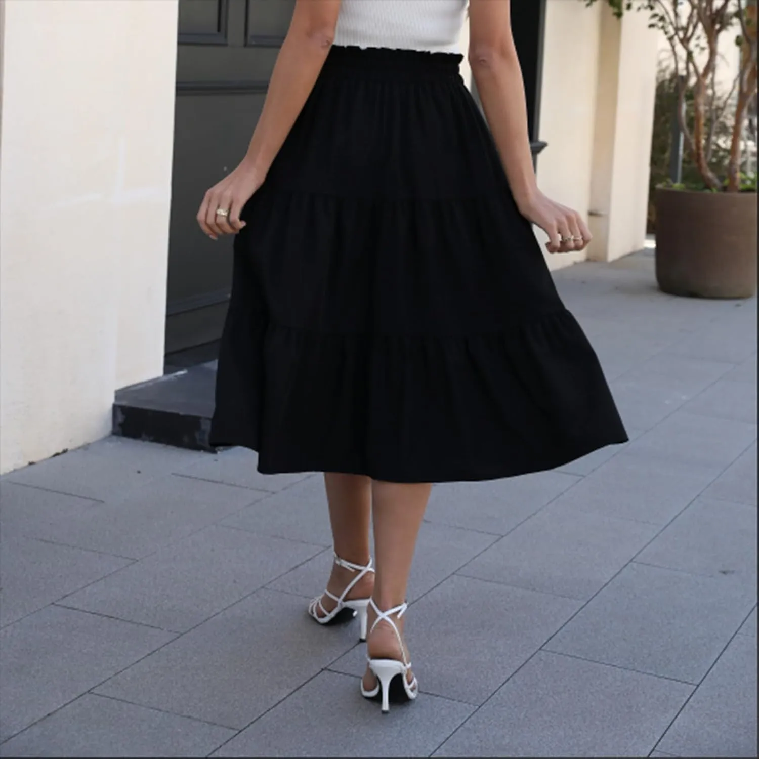 Boho Skirts for Women Drawstring Elastic High Waisted Summer Midi Skirt Work A Line Tiered Pleated Skirts Knee Length