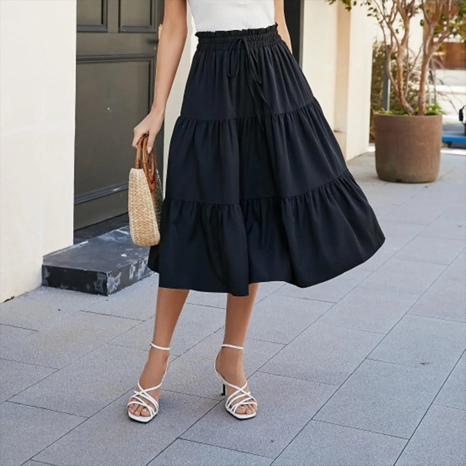 Boho Skirts for Women Drawstring Elastic High Waisted Summer Midi Skirt Work A Line Tiered Pleated Skirts Knee Length