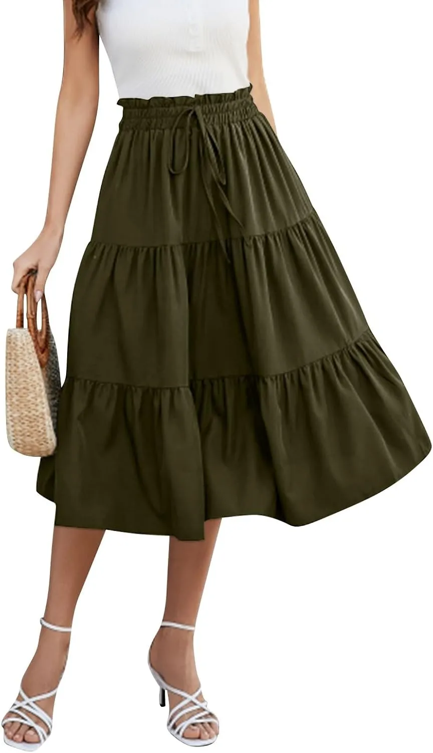 Boho Skirts for Women Drawstring Elastic High Waisted Summer Midi Skirt Work A Line Tiered Pleated Skirts Knee Length
