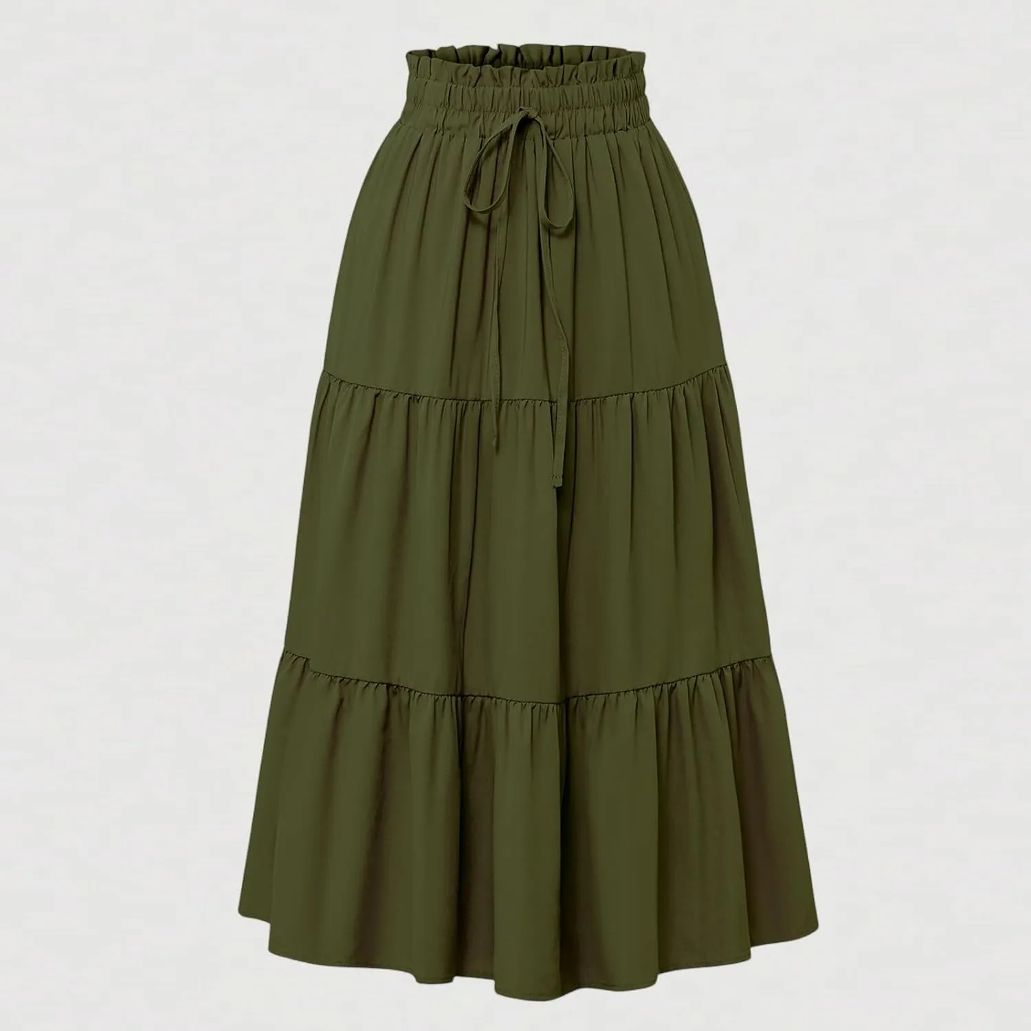 Boho Skirts for Women Drawstring Elastic High Waisted Summer Midi Skirt Work A Line Tiered Pleated Skirts Knee Length