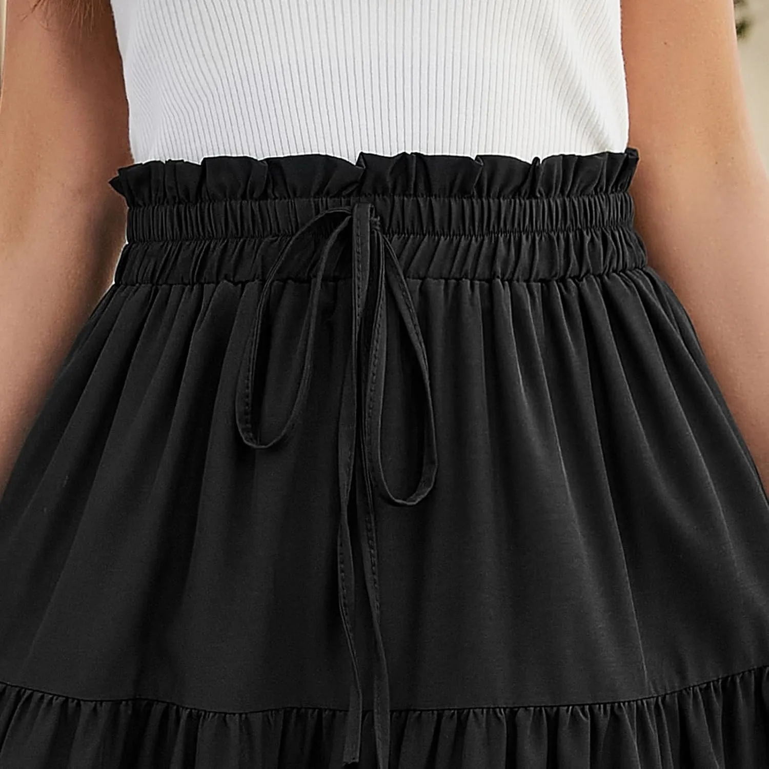 Boho Skirts for Women Drawstring Elastic High Waisted Summer Midi Skirt Work A Line Tiered Pleated Skirts Knee Length