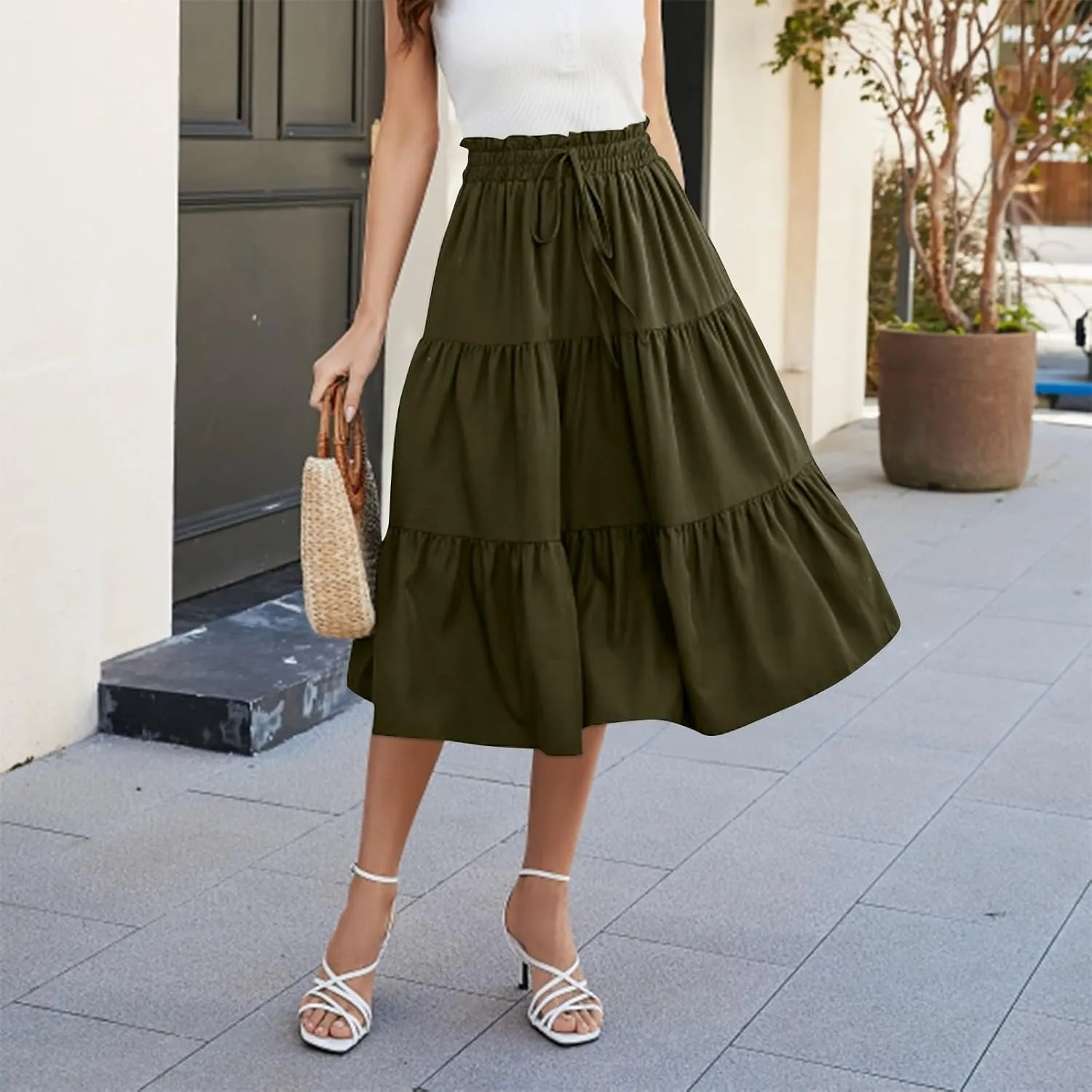 Boho Skirts for Women Drawstring Elastic High Waisted Summer Midi Skirt Work A Line Tiered Pleated Skirts Knee Length