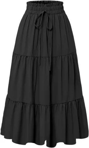 Boho Skirts for Women Drawstring Elastic High Waisted Summer Midi Skirt Work A Line Tiered Pleated Skirts Knee Length