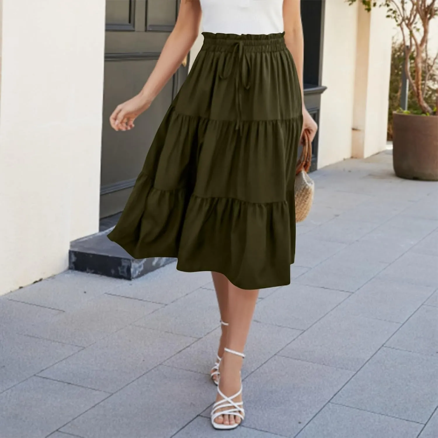 Boho Skirts for Women Drawstring Elastic High Waisted Summer Midi Skirt Work A Line Tiered Pleated Skirts Knee Length