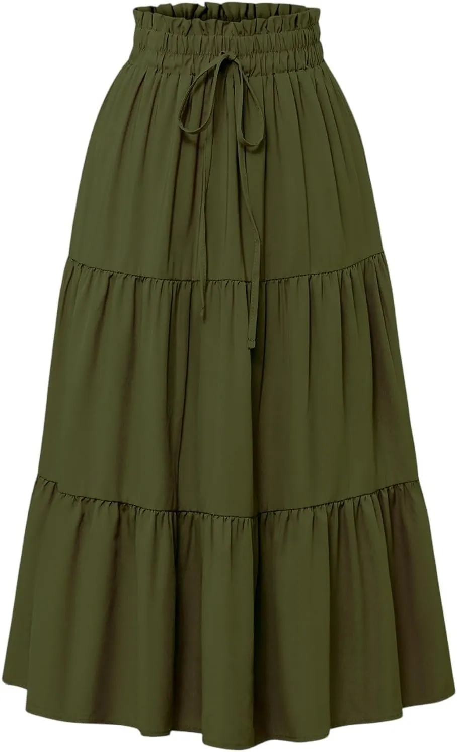 Boho Skirts for Women Drawstring Elastic High Waisted Summer Midi Skirt Work A Line Tiered Pleated Skirts Knee Length