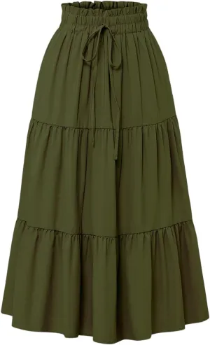 Boho Skirts for Women Drawstring Elastic High Waisted Summer Midi Skirt Work A Line Tiered Pleated Skirts Knee Length