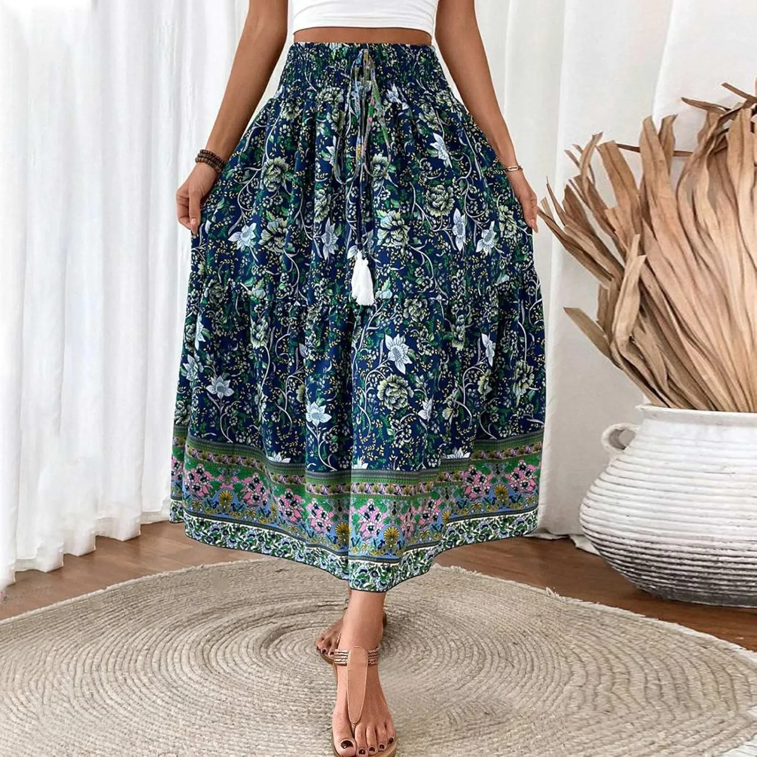 Boho Skirts for Women,2025 Summer Flowy High Waist A Line Maxi Skirt Elegant Pleated Floral Beach Outfits