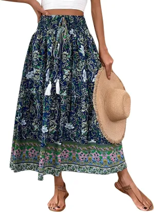 Boho Skirts for Women,2025 Summer Flowy High Waist A Line Maxi Skirt Elegant Pleated Floral Beach Outfits