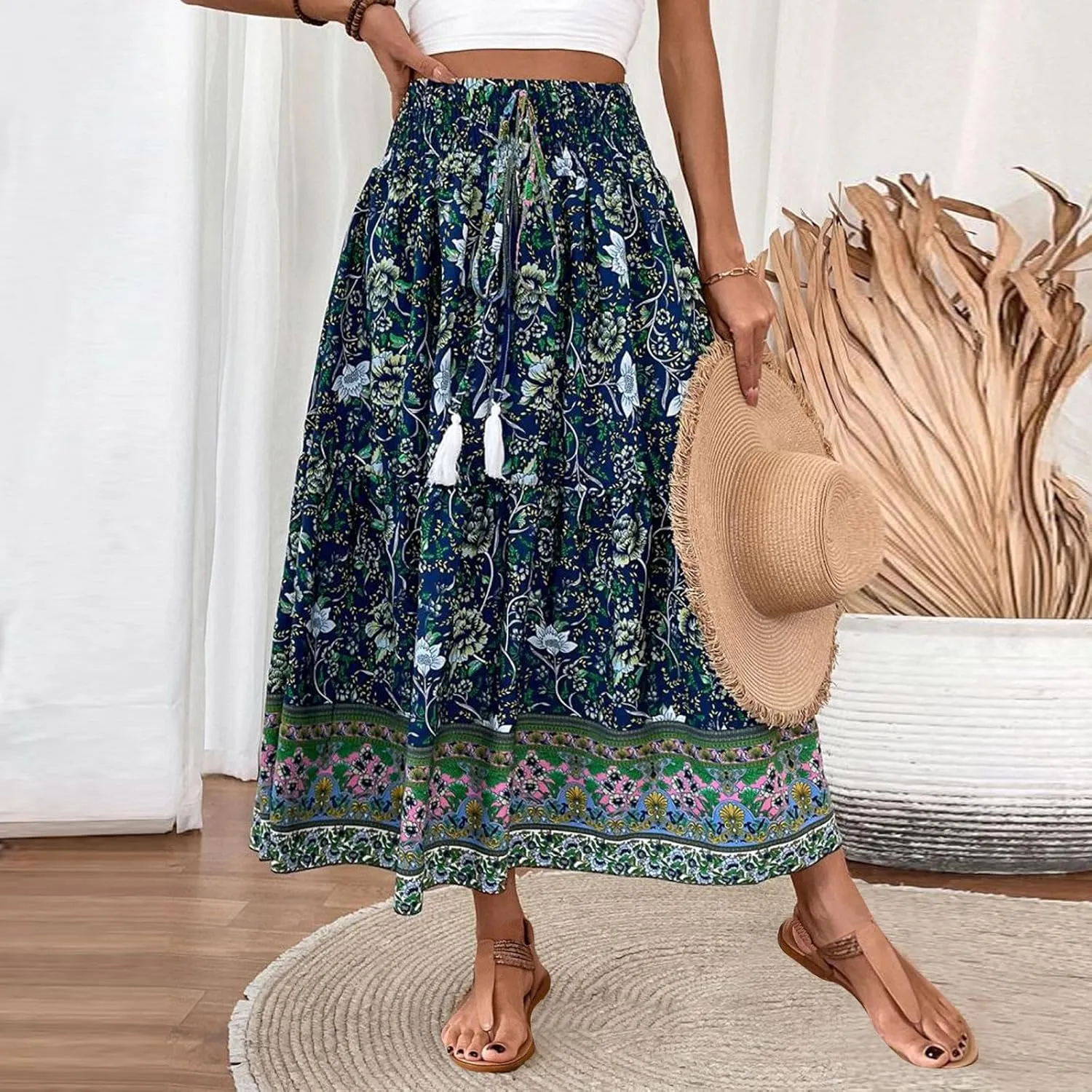 Boho Skirts for Women,2025 Summer Flowy High Waist A Line Maxi Skirt Elegant Pleated Floral Beach Outfits