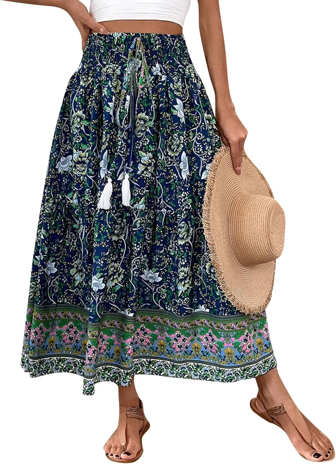 Boho Skirts for Women,2025 Summer Flowy High Waist A Line Maxi Skirt Elegant Pleated Floral Beach Outfits