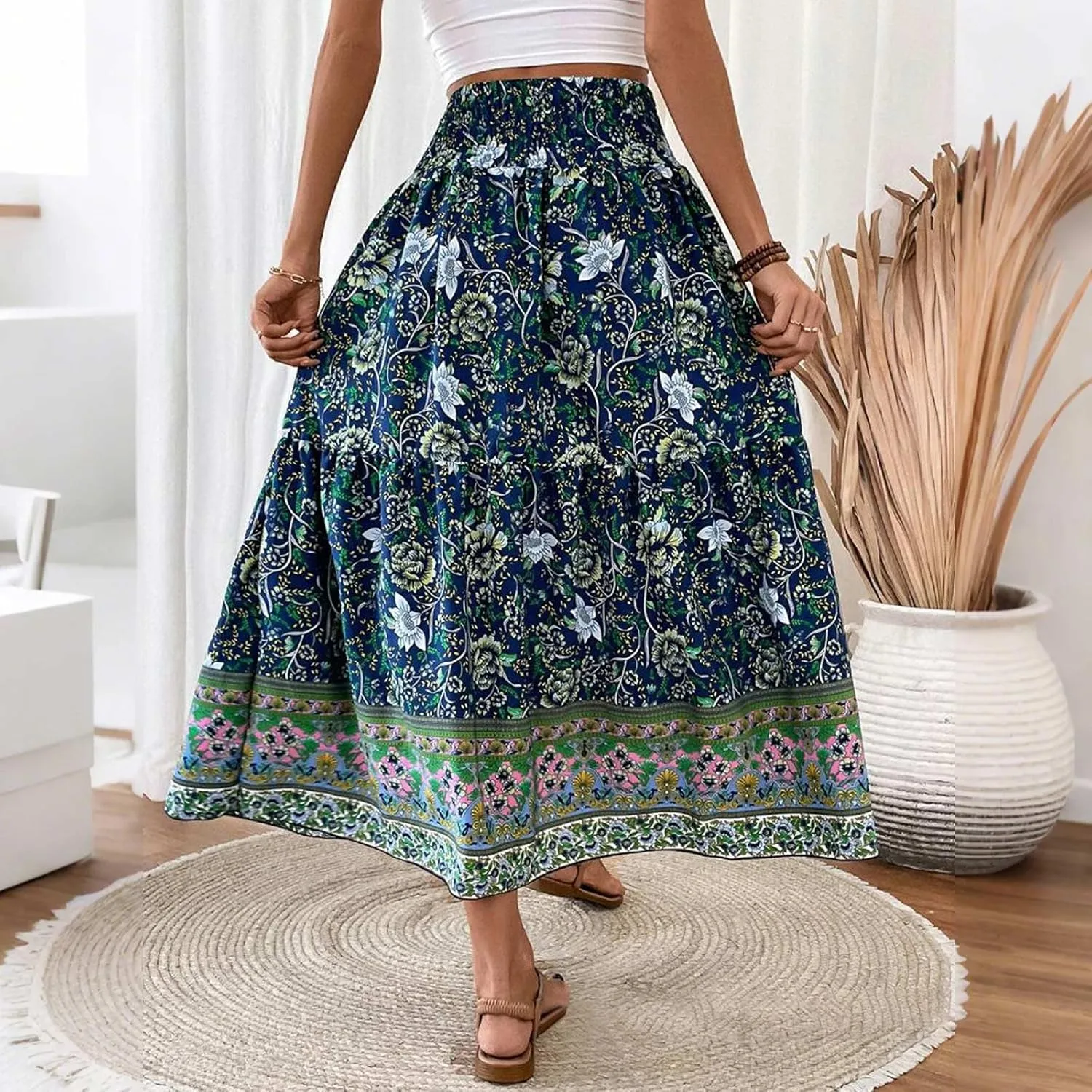 Boho Skirts for Women,2025 Summer Flowy High Waist A Line Maxi Skirt Elegant Pleated Floral Beach Outfits