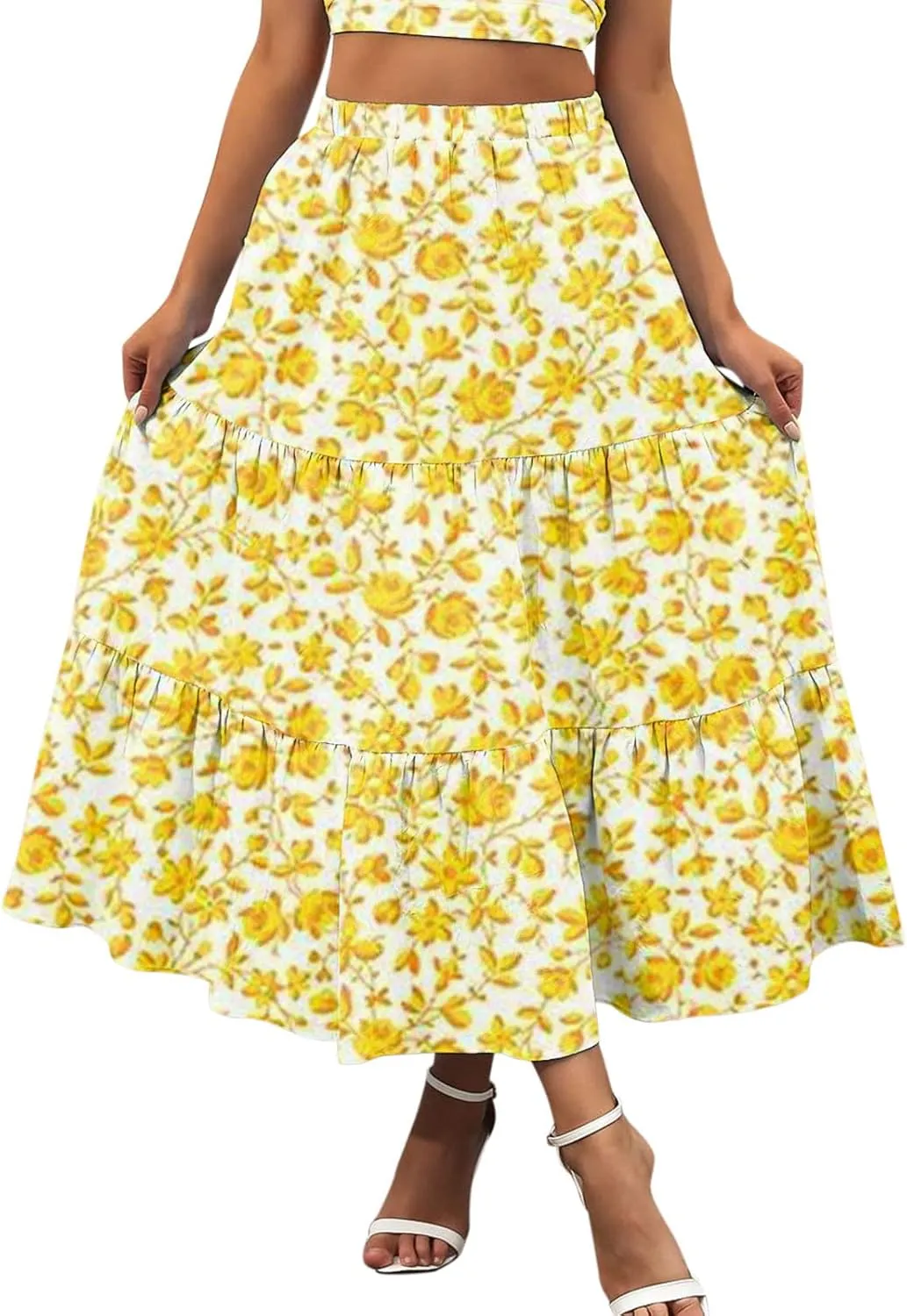 Boho Tiered Maxi Skirt Women Flowy Summer Beach Skirts Elastic Waistband Midi Skirt Floral Pleated A Line Skirt with Pockets