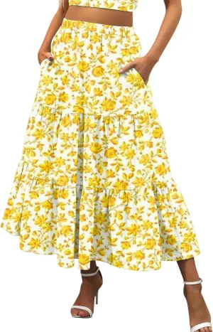 Boho Tiered Maxi Skirt Women Flowy Summer Beach Skirts Elastic Waistband Midi Skirt Floral Pleated A Line Skirt with Pockets