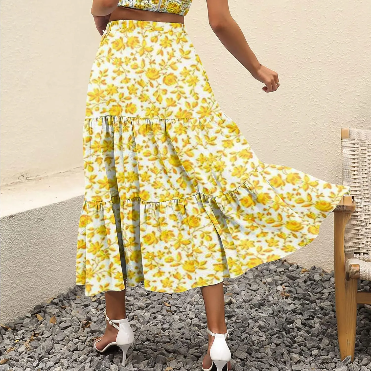 Boho Tiered Maxi Skirt Women Flowy Summer Beach Skirts Elastic Waistband Midi Skirt Floral Pleated A Line Skirt with Pockets