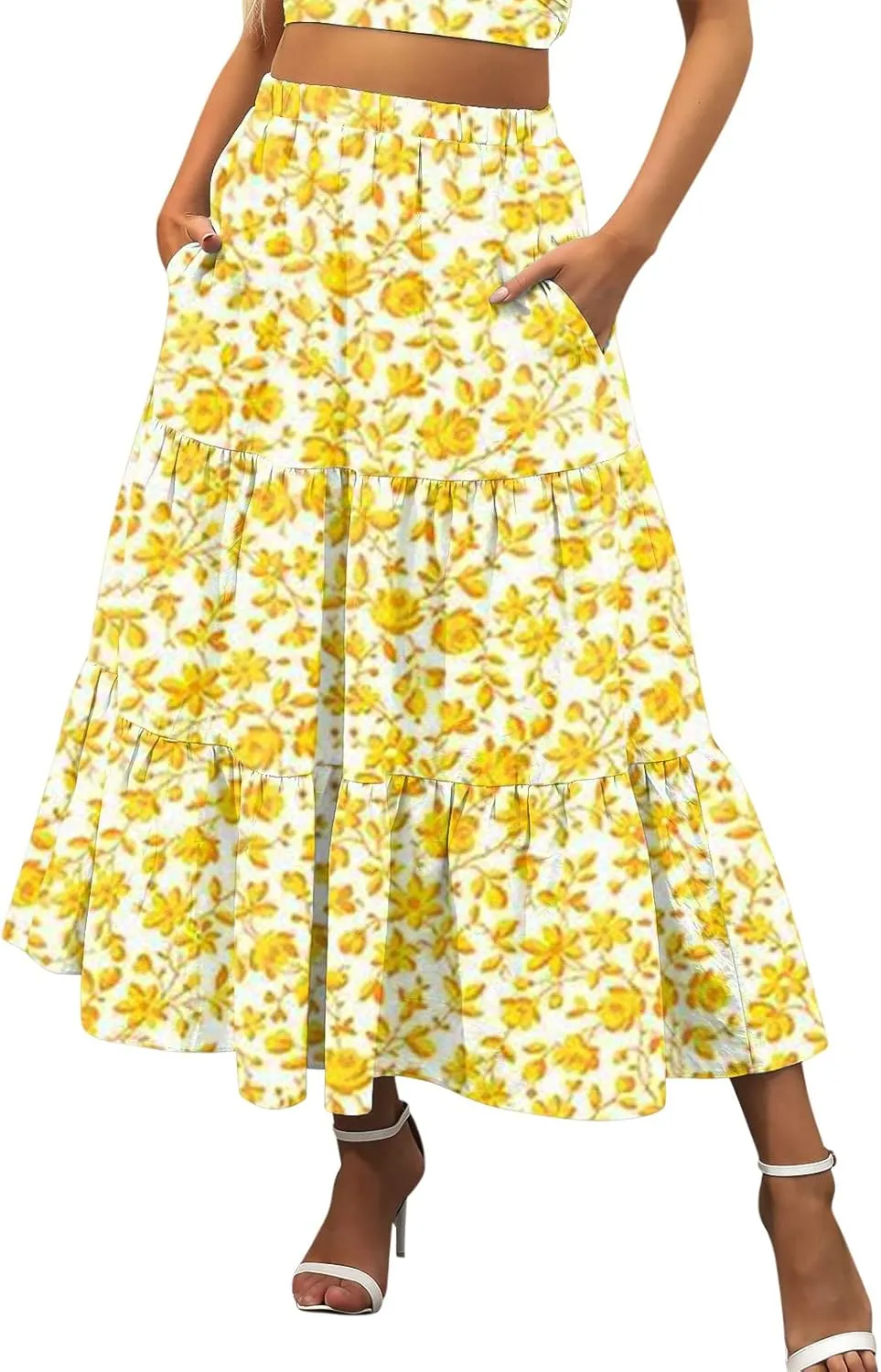 Boho Tiered Maxi Skirt Women Flowy Summer Beach Skirts Elastic Waistband Midi Skirt Floral Pleated A Line Skirt with Pockets