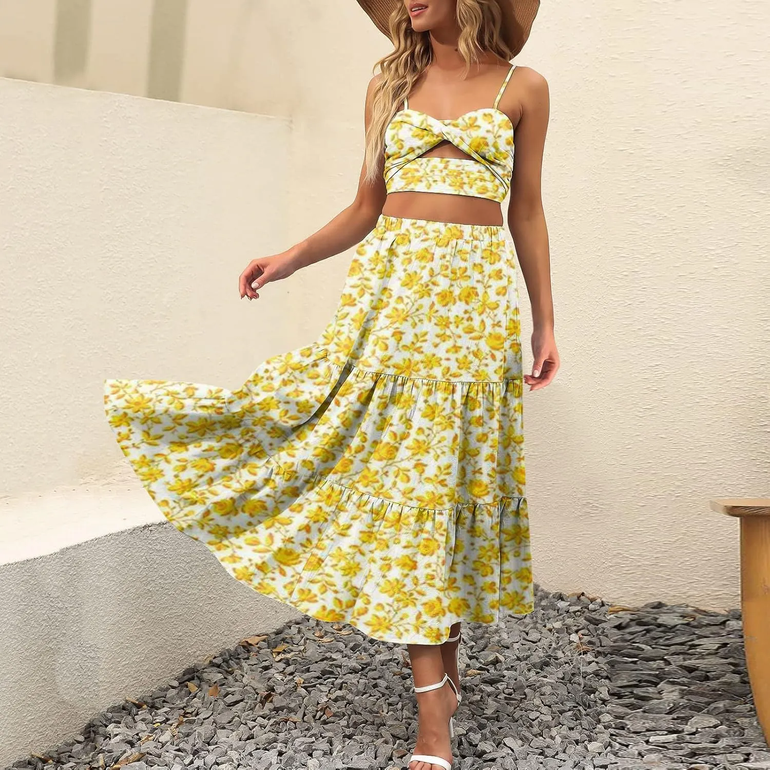 Boho Tiered Maxi Skirt Women Flowy Summer Beach Skirts Elastic Waistband Midi Skirt Floral Pleated A Line Skirt with Pockets