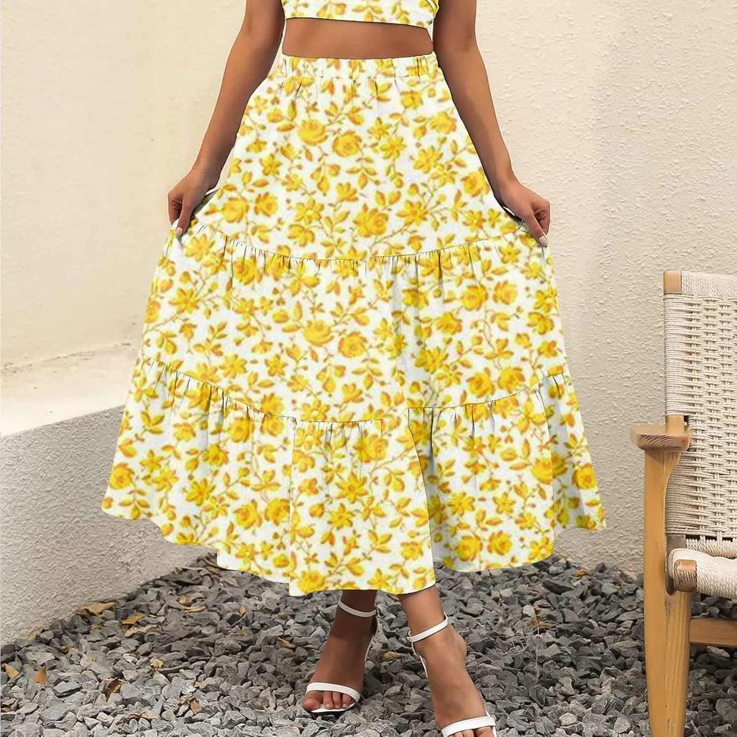 Boho Tiered Maxi Skirt Women Flowy Summer Beach Skirts Elastic Waistband Midi Skirt Floral Pleated A Line Skirt with Pockets