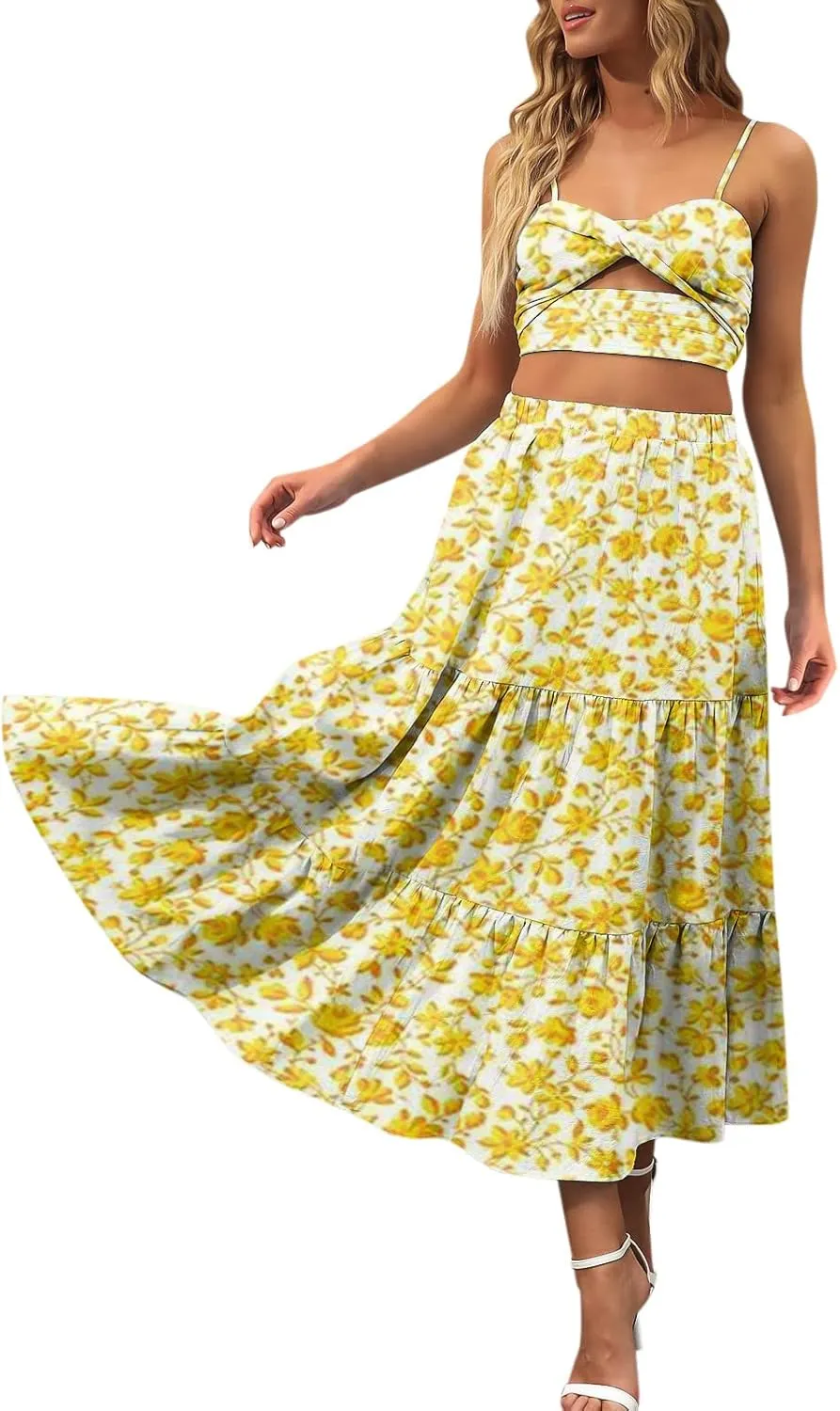 Boho Tiered Maxi Skirt Women Flowy Summer Beach Skirts Elastic Waistband Midi Skirt Floral Pleated A Line Skirt with Pockets