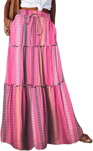 Boho Womens Tiered High Waist Tie Paisley Floral Print Long Maxi Skirt with Pockets