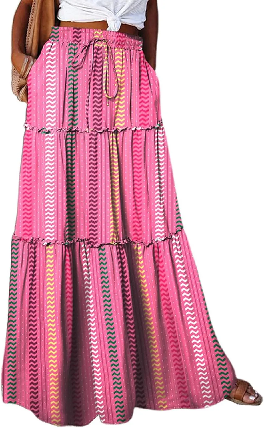 Boho Womens Tiered High Waist Tie Paisley Floral Print Long Maxi Skirt with Pockets