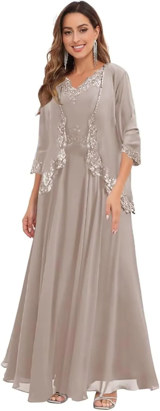 BOLENSYE 2 Pieces Mother of The Bride Dresses with Jacket Lace Appliques Beads Flowy Chiffon Evening Gown