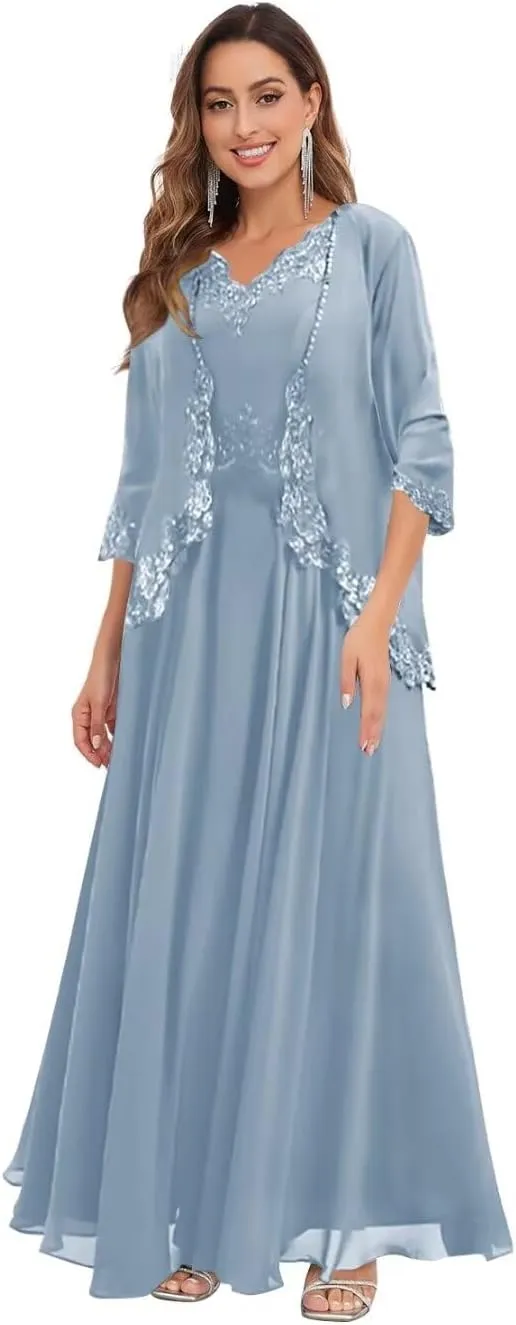 BOLENSYE 2 Pieces Mother of The Bride Dresses with Jacket Lace Appliques Beads Flowy Chiffon Evening Gown