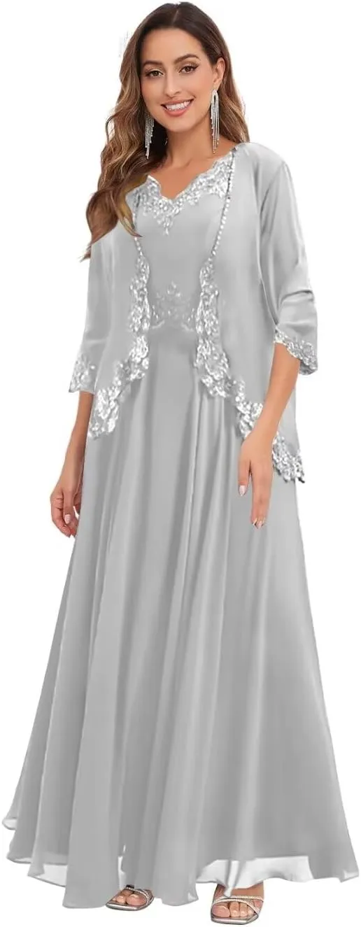 BOLENSYE 2 Pieces Mother of The Bride Dresses with Jacket Lace Appliques Beads Flowy Chiffon Evening Gown
