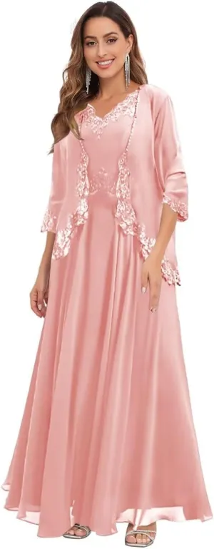 BOLENSYE 2 Pieces Mother of The Bride Dresses with Jacket Lace Appliques Beads Flowy Chiffon Evening Gown