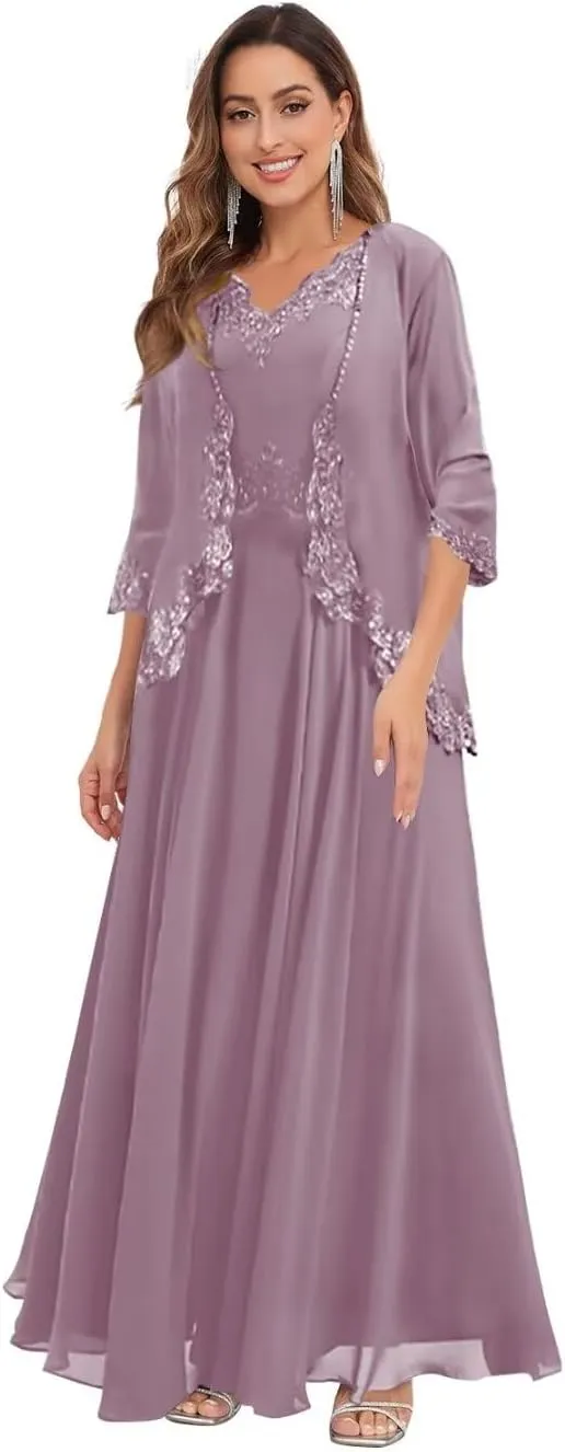 BOLENSYE 2 Pieces Mother of The Bride Dresses with Jacket Lace Appliques Beads Flowy Chiffon Evening Gown