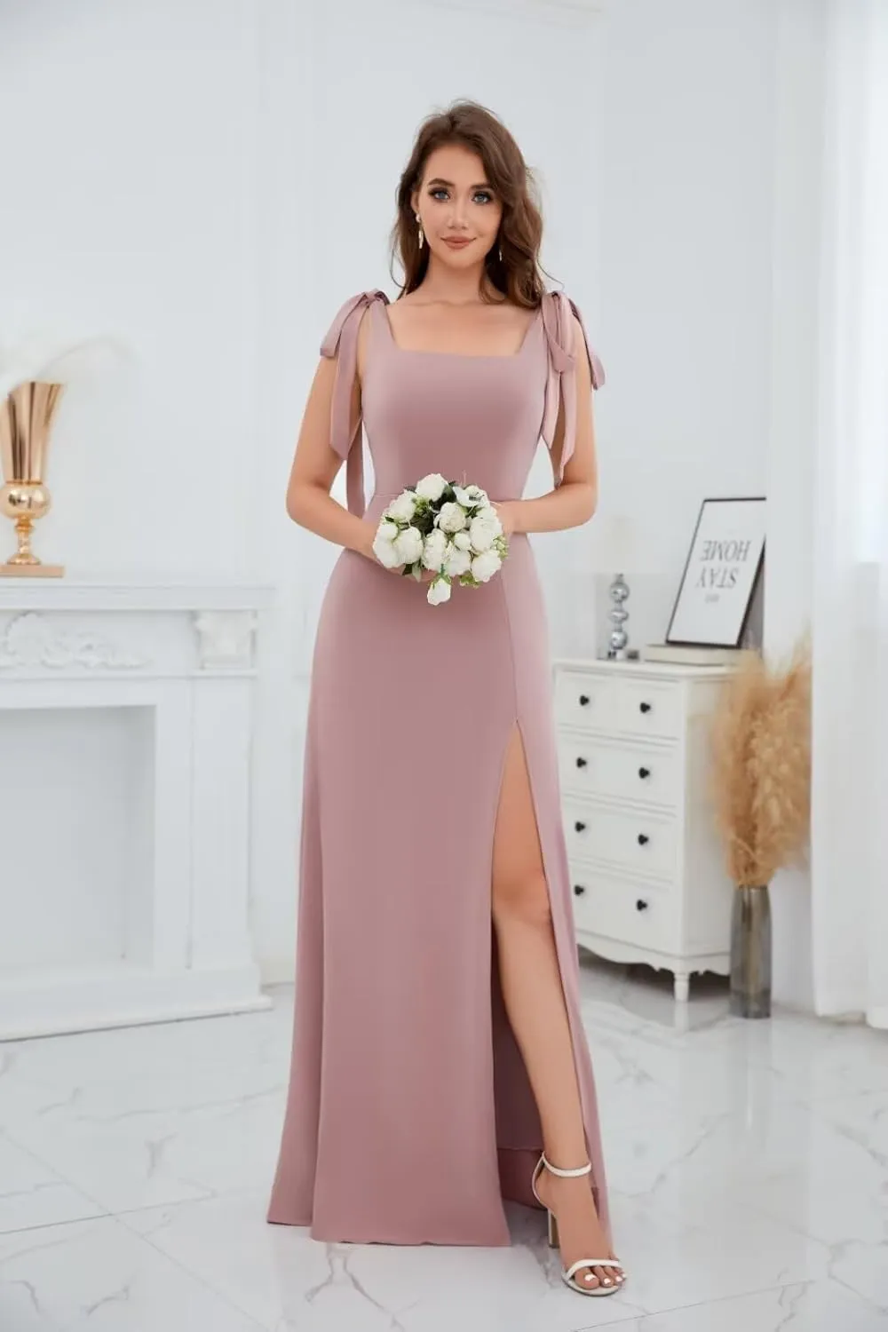 BOLENSYE Chiffon Bridesmaid Dresses for Wedding Long Spaghetti Strap Formal Evening Party Gown with Slit